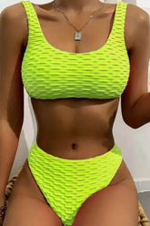 Conjunto de bikini de cintura alta con corte de toalla de rizo a cuadros: rosa fuerte, verde amarillo y aguamarina